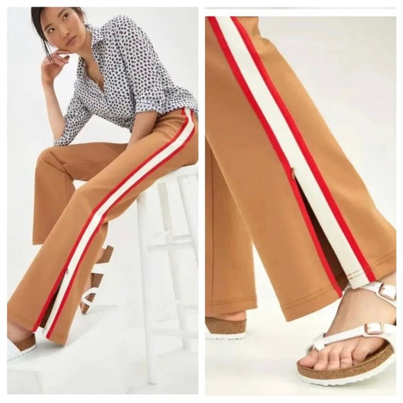 Anthropologie Maeve Martine Ponte track pants Tan with Red Stripe - Picture 2 of 7